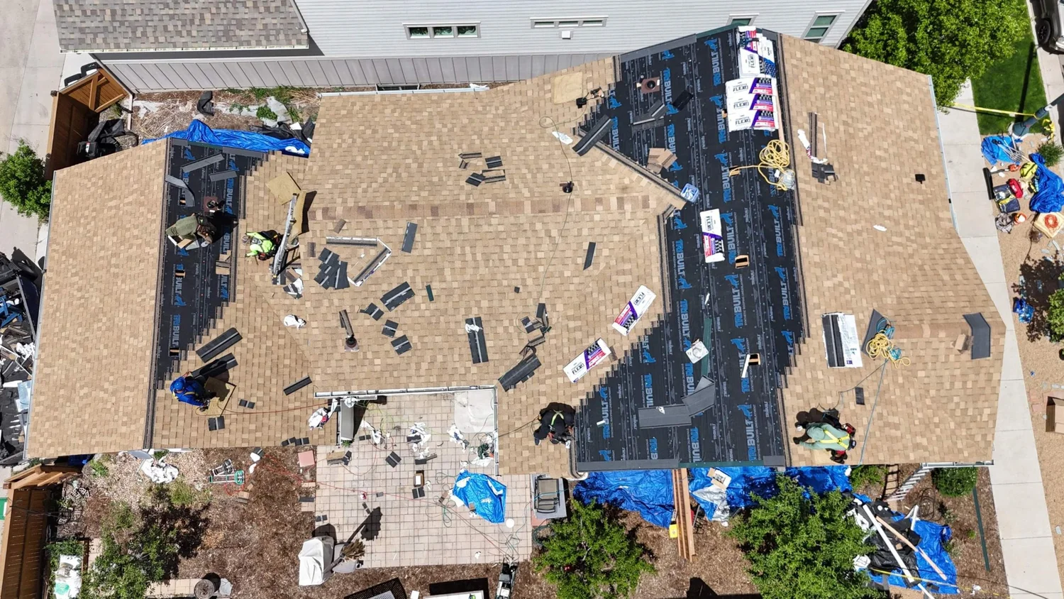 Aerial of a roof mid-restoration